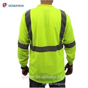 Hi-vis Men Tee 100% Polyester Birds eye Mesh Moisture Wicking Long Sleeve Reflective Tapes Men T Shirt with Pocket